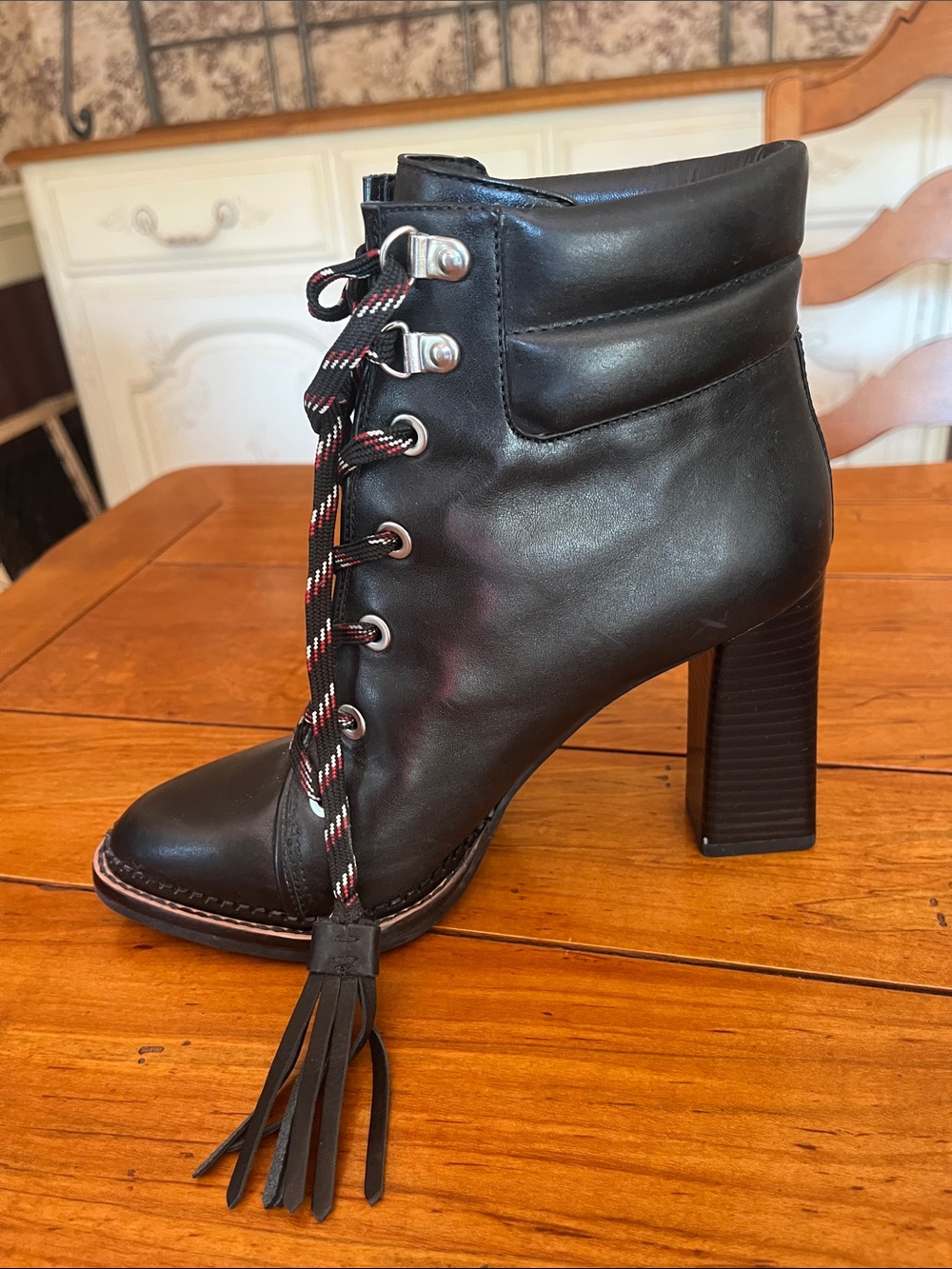 Sam Edelman Black Leather Lace-Up Ankle Boots with Tassels - Picture 4 of 7